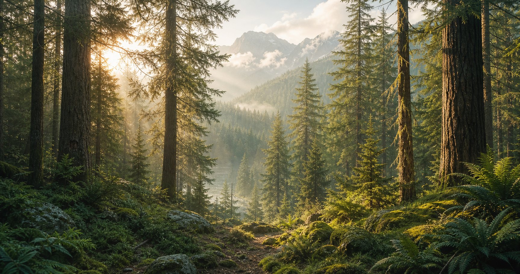 陽光灑落森林樹木間的擬真風景